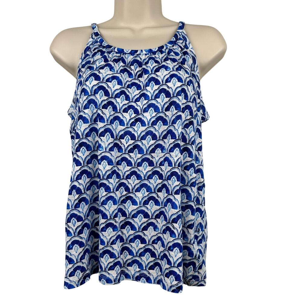 Sigrid Olsen Linen Knit Blouse Top Sleeveless Tank Blue Med Scallop Print Resort